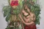 Placeholder: Lilith, Goddess, tropical flowers, realistic heart drawing, crystals, tropical leaves, sacred altar, Fantasy home.Enki Bilal