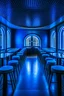 Placeholder: A restaurant whose outer walls are oval in shape, the color of the inside is blue, and its floor is light, with a bar table in the middle of the restaurant in the shape of an oval, containing 30 chairs without windows.