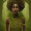 Placeholder: Painting .the face of A young black woman. A wood nymph emerging from the forest. Her hair looks like vines. Dreadlocs. Her skin is the colour of dark soil. Her skin looks like tree bark. Her clothing is made of vines, grass and leaves.