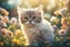 Placeholder: antropomorph kitten owl in a flowergarden in sunshine, ethereal, cinematic postprocessing