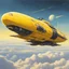 Placeholder: [art by Moebius] A yellow spaceship with two large engines on the sides is flying through clouds. It has an oval shape and looks like it could be from Star Wars or Blade Runner. It's leaving behind a long trail of light as its engine fires off on one side. A planet can be seen far away above the ship. Photorealistic in the style of concept art.