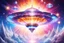 Placeholder: a cosmic beautiful DISH SPACESHIP made of crystals and light is flyng INA MAGIC BRIGHT SKY OF A GALAXY. IT IS PASSED BY A VERTICAL SHINE FROM TOP TO BOTTOM. IT'S FLYNG ON A FAIRY Landscape