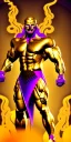 Placeholder: golden venom man with big muscles and big claws and purple smoke background