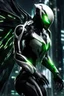 Placeholder: Cyborg symbiote, white color, green color, tendrils, high tech, cyberpunk, biopunk, membrane wings, carbon fiber, cyber tentacles, and the other two.