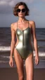 Placeholder: beautiful anorexic woman, standing frontal, full body shot, short shiny triathlon swimsuit, wavy bob haircut, photographed on the beach, raw, no shades