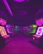 Placeholder: A dark photo of the corners of an 80's aesthetics arcade at night, with a lot of functioning arcade machines, a vaporwave floor and some colorful tiles in between the floor. Purple aesthetics. There are some pizza boxes over some of the arcade machines