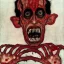 Placeholder: Horror Disfigured bald Vampire with longs arms and claws covered in blood, ,blood big canine teeth with blood,full body, hands with long nails by egon Schiele,