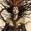 Placeholder: Egon Schiele, Abraham Rattner style abstract expressionist, full body comic book illustration of a pagan druid priestess, bristlecone pine sculpture , dark and dry branches, harmony, intricately detailed, highly detailed facial features, ethereal, elemental, otherworldly, the smell of the ancient essence of eternity in vibrant natural color