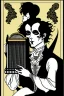 Placeholder: goth male necromancer with black hair playing a autoharp in the style of Aubrey Beardsley