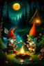 Placeholder: a gnome and a goblin eating in front of a fish fire, riverbank, night, moonlight, figure with fox mask behind