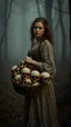 Placeholder: Vintage portrait of a beautiful woman carrying a basket of human skulls standing in a misty and foggy forest background, eerie twilight lighting