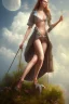 Placeholder: dressed woman on the ladder above clouds