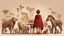 Placeholder: A young girl with short brown hair, wearing a red cape, sitting on a wooden chair, facing away and looking at a group of animals which includes a giraffe, elephant, lion, cheetah, tiger, zebra, and an ostrich, all rendered in a beige and brown color palette with a plain background.