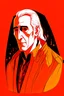 Placeholder: A portrait of Christopher Lee in his thirties as an elf mage, dressed in an expensive orange medieval shirt, in the style of Genndy Tartakovsky, long elven ears, dark background