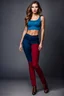 Placeholder: fullbody shot of young-beautiful-german girl-with-a-perfect-face-with-make-up-wearing- blue top and dark red pants standing , prophesional photography studio