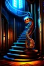 Placeholder: chat robot creating crazy revenue in the style of giger, spray paint, photo realism, trending on art station, 8k, depth of field, down light, light rays, volumetric, reflective spiral staircase, blue, brown and orange