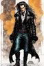 Placeholder: Create a fine art print , illustration of a small epic fantasy gothpunk thief character with long flowing hair , finely lined and detailed facial features, in an fur collared leather jerkin and breeches , a short oriental cloth belt at the waist, stealthy soft leather slippers, , in the comic book style of Bill Sienkiewicz, Howard Chaykin, Mike Mignola, Philippe Druillet, and Jean Giraud Moebius, precisely drawn, colored and inked