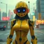 Placeholder: a feminine robot, yellow, dystopia, cyberpunk, neon, vintage anime
