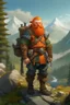 Placeholder: Realistisches Bild von einem DnD Charakters. Männlicher Zwerg mit orangenen Haaren. Er steht im Wald mit Bergen im Hintergrund. Er ist ein Jäger mit einer Armbrust.