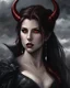 Placeholder: fantasy art, digital painting, Anna Kendrick as a beautiful succubus, in the clouds, smirking, hate filled ((glowing red eyes)), vampire fangs, long silky hair, beautiful face realistic face, ((white horns)), dread, wicked and evil, dark and gloomy atmosphere, close up, detailed, highres, fantasy, d&d, by Clyde Caldwell,