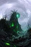 Placeholder: in the style of Fisheye lens. detailed close-up concept art of a Lovecraftian horror, chthon island featuring a decaying a ufo starship green light Focus on gnarled trees around rocky cliffs, with the a ushowing deep cracks and glowing substance oozing from them. Include hints of nightmarish creatures beneath turbulent waters. The stormy sky casts an eerie and green glow, with shipwreck debris and ancient ruins scattered on the shore to emphasize the sense of dread and abandonment