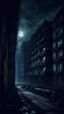 Placeholder: night past multi-storey buildings, there is silence all around, an eerie atmosphere, horror film style