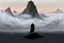 Placeholder: a single mountain rises out of a misty foreground shrouded in mist. The top peak of the mountain sticks into a dull sun. cinematic lighting, artstation, grim mood, looking up camera angle