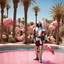 Placeholder: [high res photo by Gilligans Island] In the dazzling city of Las Vegas, clad in his worn armor that sparkles under the desert sun, Don Quixote, his tourney lance in hand, finds himself in a most curious setting—a pink swimming pool teeming with flamingos and bananas, ready to fight, in dust, rust and blood, him body is covered with leather combat belts