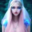 Placeholder: beautiful, soft, smiling face, whole head, long straight blonde hair blues eyes, crown on the head, clothing in transparent bluish and pink veil, background brillante bluish and pink, hight definition, 8K