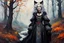 Placeholder: full body, close up fantasy portrait, of a cool female silver fox goth , with highly detailed hair and facial features, in a flowing, ornate peasant dress in a foggy, otherworldly, mystical and enchanted forest ,in the painting style of Egon Schiele, Arthur Streeton and Peter Wileman in vibrant autumnal colors