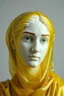 Placeholder: Deep yellow shiny thick transparent plastic covered a Roman white marble woman portrait, light gray background ,blue eyes, dark eyebrows