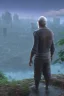 Placeholder: 3D render of a cyberpunk tribal old man, gray hair and goatee, on a dark blue jungle at abandoned city background, digital art