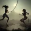 Placeholder: Two women skipping with a rope, demons and angry gods fight in the background, in the style of a Michael Moorcock book cover.