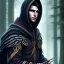 Placeholder: Male, Dark hair, Digital Art, Bow in hand, Hooded Cloak, Dark Forrest background