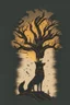 Placeholder: in a cosy vintage style, a wolf howls at a black tree