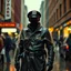 Placeholder: vintage, nypd full body color 1920 black policeman with exoskeleton wtih heavy rain transparent coat