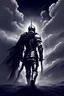 Placeholder: sad knight running away into dust walking away into a bright grey world fading as the world crumbles under as space snaps under his feet with nothing but clouds overhanging him as the world collapses into space drawn