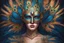 Placeholder: centered detailed portrait of a masked woman wearing a venetian mask, vibrant peacock feathers, intricate, elegant, highly detailed, digital painting, artstation, smooth, sharp focus, illustration, illuminated lines