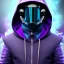 Placeholder: purple galaxy masked hooded super villain, weapons in hands, teal and purple smoke, full portrait, hyper realistic, 4k