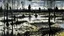 Placeholder: A black wetland with shadow monsters painted by Claude Monet