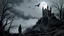 Placeholder: detailed graphic art, ruined gothic castle standing on a hill on the right side of the composition, one moon on the night sky, a few raven silhouettes flying near the moon, thick mist surrounding the hill, dark forest on the left side with twisted bare trees, a solitary black hooded figure standing at the forest edge looking toward the castle, mysterious atmosphere, ancient forgotten ruins, dark fantasy aesthetic, detailed linework