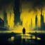 Placeholder: Ground level dark futuristic city scape. Yellow mist near the ground. silhouette of one man.