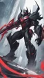 Placeholder: A close picture to Mix between transformers and venom symbiote in solo leveling shadow art style with red details detailsis in fantasy world