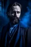 Placeholder: young ghostly man, pointy ears, fat, well-dressed in black and dark blue clerical torn and tattered clothing, long hair, scruffy beard, brown hair, very ghostly blue almost see through. Tint this entire picture blue and transparent, able to see the background through the man.