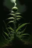 Placeholder: 1970's dark fantasy cover dnd style oil painting of a weed logotype with minimalist far perspective.