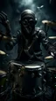 Placeholder: A drummer playing the drums his hands are up with a sticks wearing gas masks, they are tied to their musical instruments ,surrealism of the dark of a nightmare ten miles high and six foot deep, hyper photorealistic, hyper detailed dark art color, high resolution, fog, octane render, tilt shift, HDRI Environment, all pictures dark gray