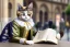 Placeholder: Mature cats dressed like "Wolfgang Amadeus Mozart", paws, playing music, street, Vienna, friendly, sunny day, model style, hyper realistic, extremely accurate, delicate, extremely detailed, Graphic novel style, wide-angle, open aperture, superfine pencil