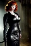 Placeholder: Christina Hendricks dressed in black leather gown, with a whip in her hand, inside a dungeon, busty, cleavage, angry, stern look, volumetric lighting, particales,highly detailed,cinematic, deep colours,8