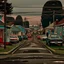 Placeholder: a glimpse of the suburban street, everything is odd, the landscape seems to be made of felt, pastel colours, some people and cars, oz style, but rather eerie, sinister