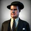 Placeholder: A half body portrait of a 1930s Italian-American businessman in his late 20s with a black bowler hat and a suit. He is obese and has black hair